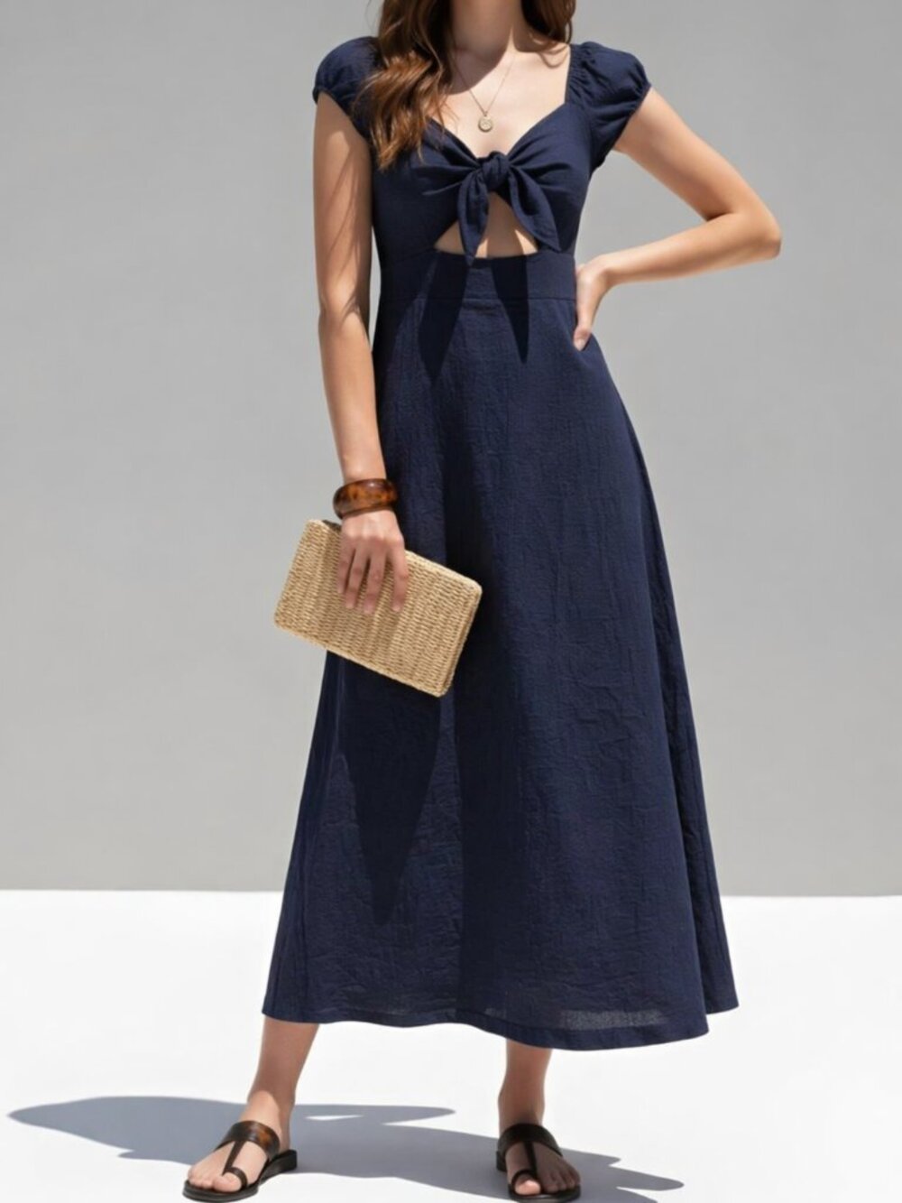 Skylar + Madison Linen Maxi Dress Puff Sleeves Cutout Navy Size M NWT